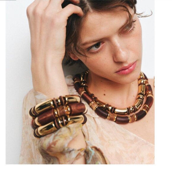 New Zara Trio of wood and metal Elastic Bracelets - Picture 2 of 3